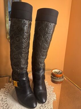 Louis Vuitton Black Monogram Quilted Knee-High Boots with Gold Accent